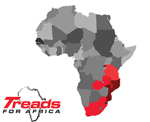 Map of Africa with certain southern and eastern countries highlighted in red, featuring the "Treads for Africa" logo in the bottom left corner.
