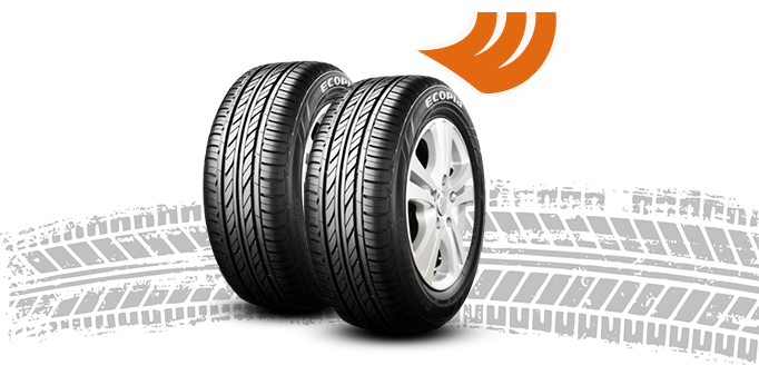 Pair of Hankook Ecopia tyres with performance tread design on stylized tyre track background